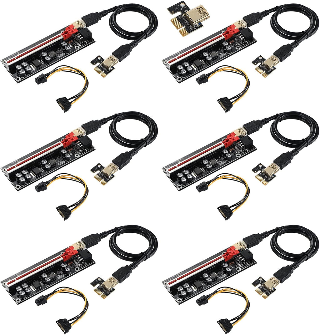 Black PCI-E 1X to 16X Riser Card with 24in USB 3.0 Extension Cable & 6PIN SATA Power Cable (6 Pieces) P585