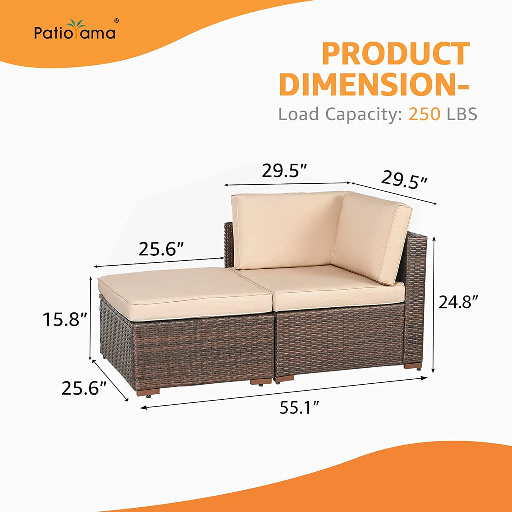 2-Piece Patio Furniture Sofa Set, Outdoor Sectional Sofa, Brown PE Wicker Rattan Conversation Set, Outdoor Loveseat, Beige Cushion A549978