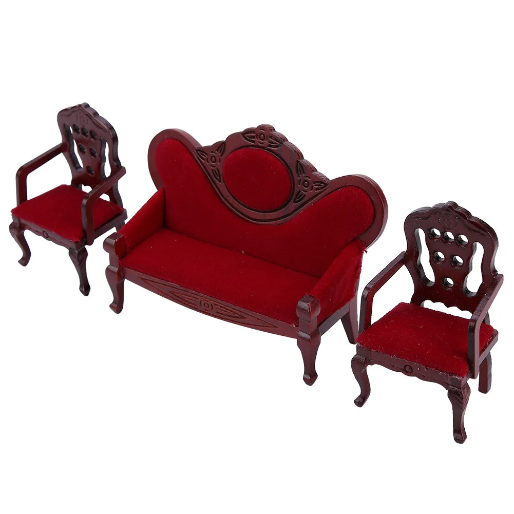 Red Wooden Dollhouse Sofa Chair Set W99184