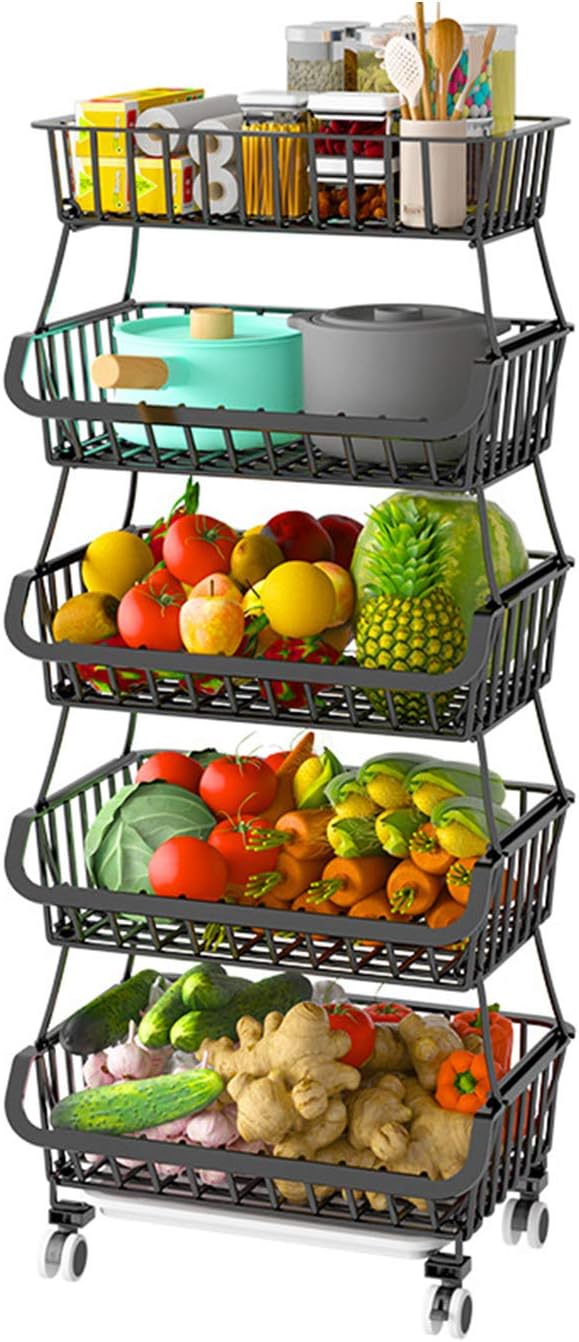 Black Iron Wire Stackable 5-Tier Kitchen Storage Baskets with Wheels and Feet Y803004