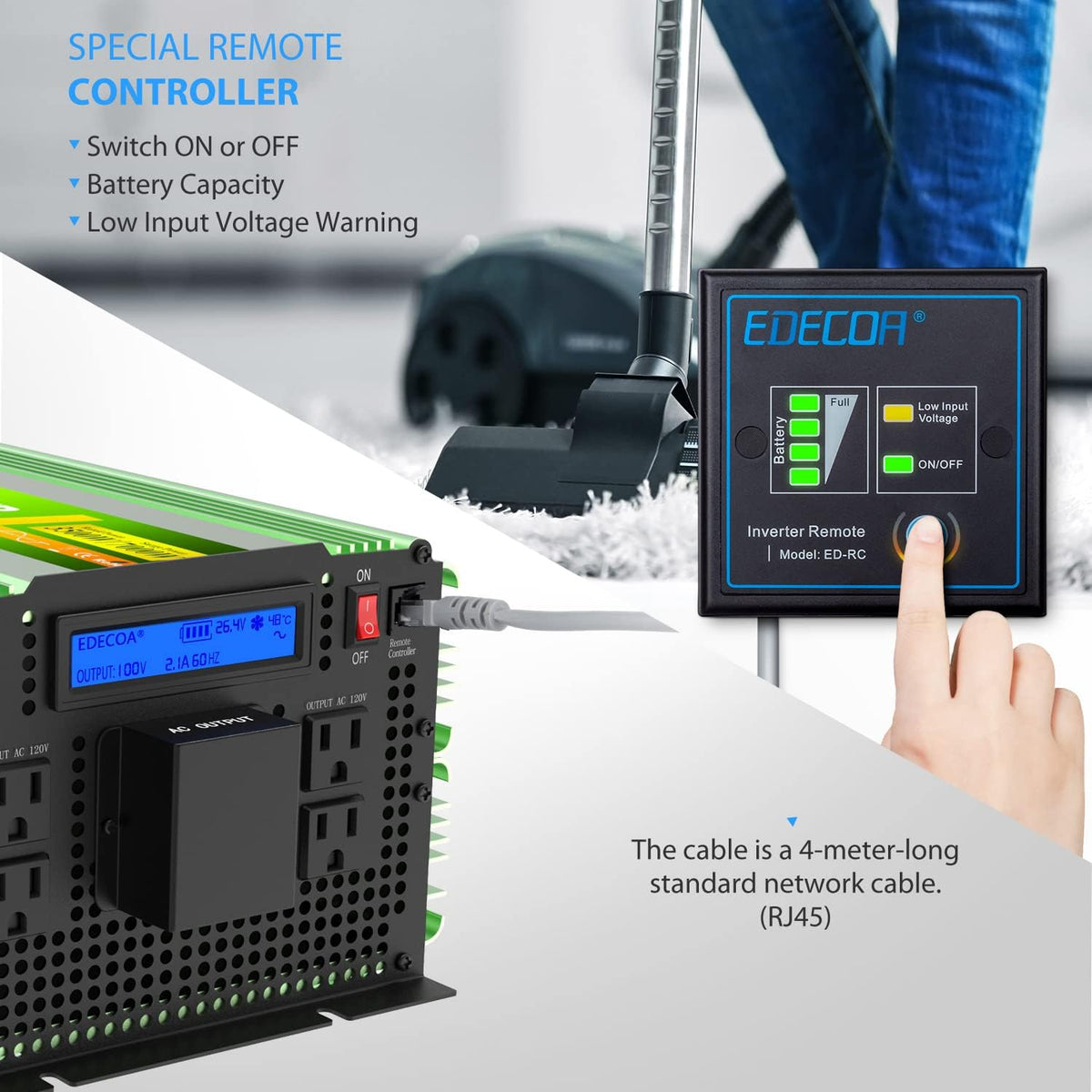 24V Pure Sine Wave Power Inverter 3500W DC to AC 110V 120V 4 AC Outlets with LCD Display and Remote Controller F421
