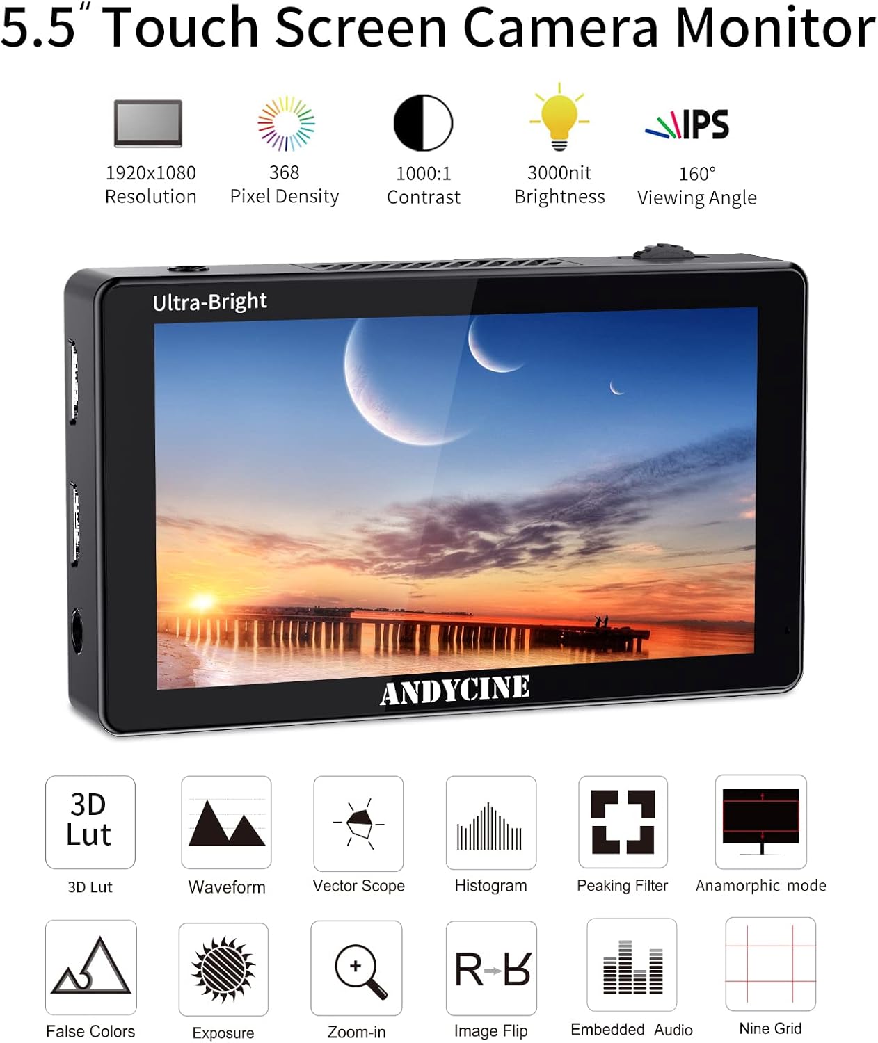 5.5 Inch 3000nit Touch Screen DSLR Field Monitor with F970 External Power 4K HDMI Input Output IPS Panel T27737