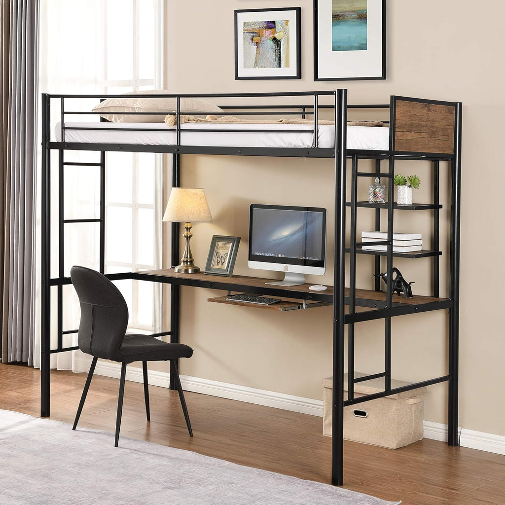 Black Twin Loft Bed with Desk and Bookcase T6281