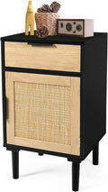 Black Rattan Nightstand Set of 2 with Drawer and Cabinet M866