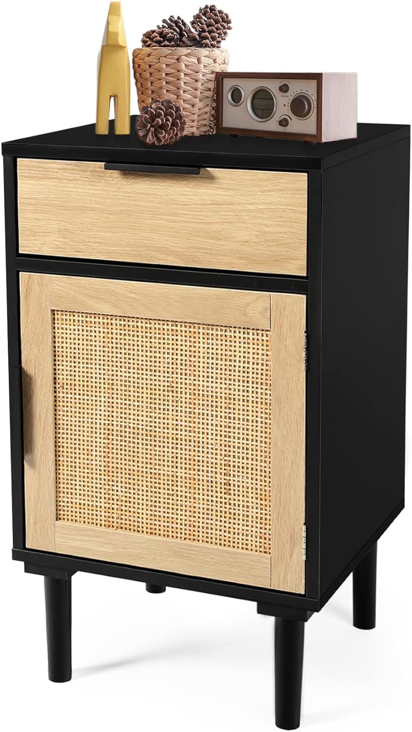 Black Rattan Nightstand Set of 2 with Drawer and Cabinet M866
