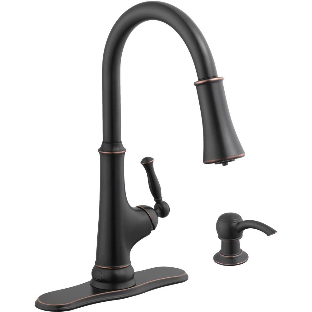 Touchless LED Single-Handle Pull-Down Kitchen Faucet with Soap Dispenser in Bronze R231204