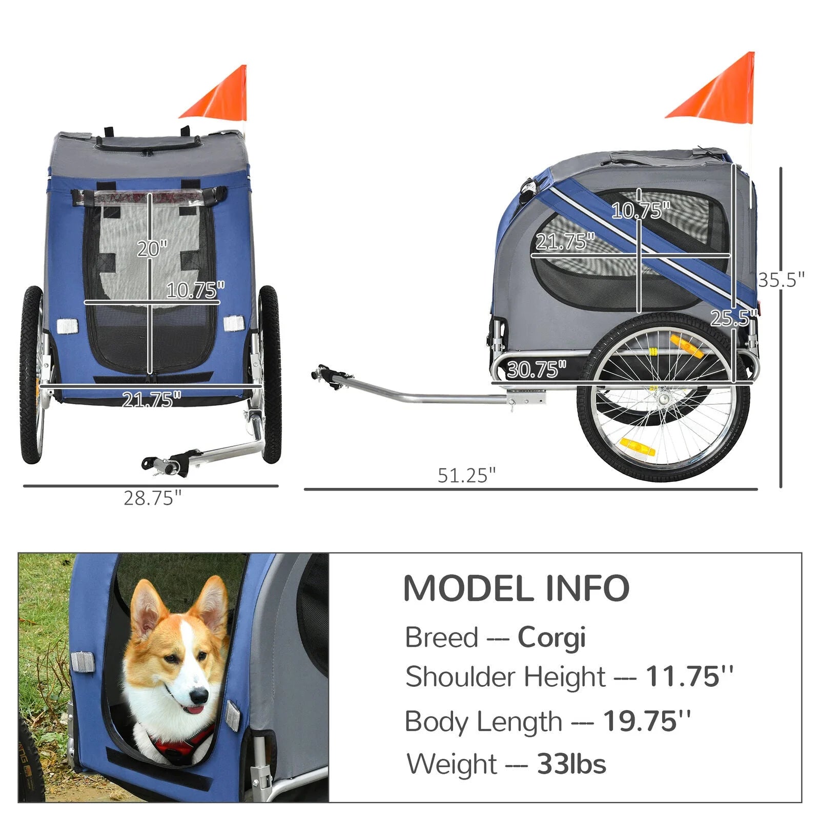 Bike Trailer & Wagon Jogger for Dogs and Pets with 3 Entrances Large Wheels & Mesh Screen O793096