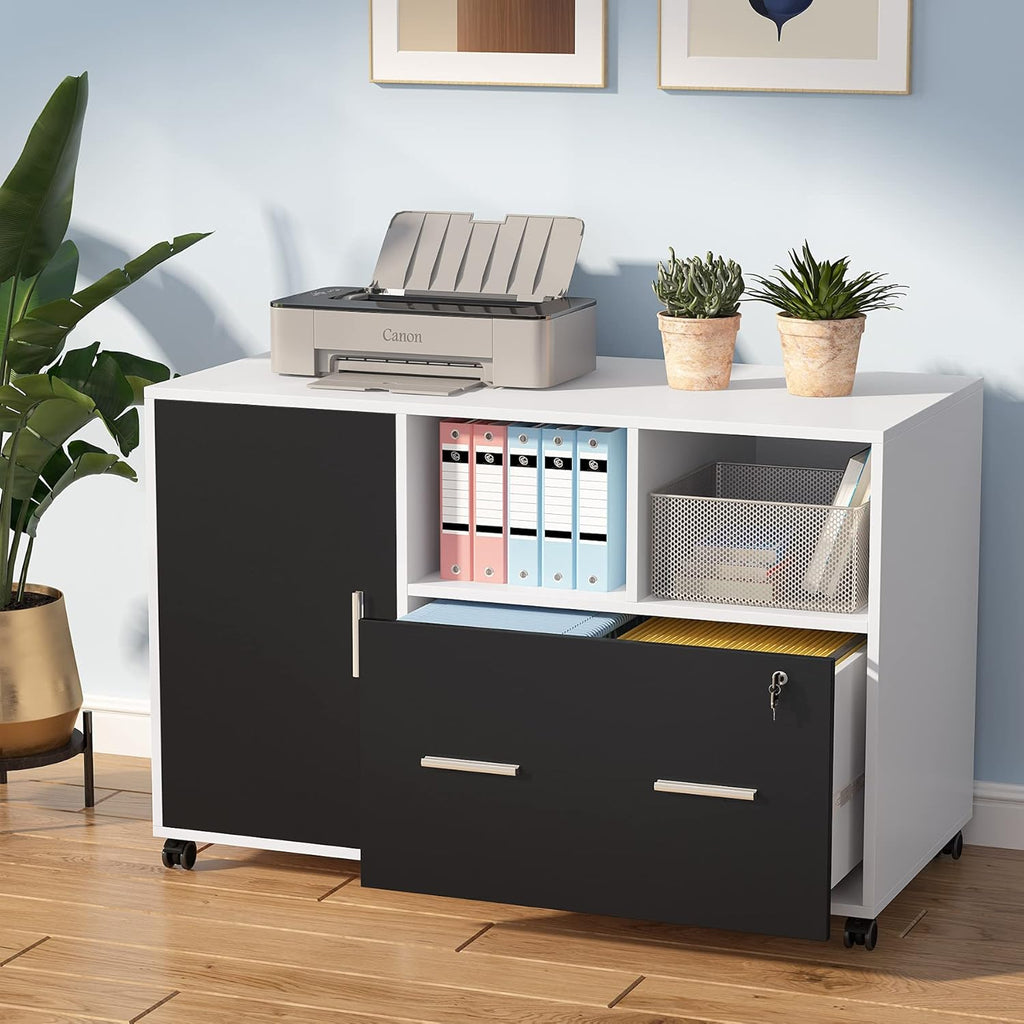 Black & White Mobile Filing Cabinet with Lock and Drawer and Storage Shelves O2716