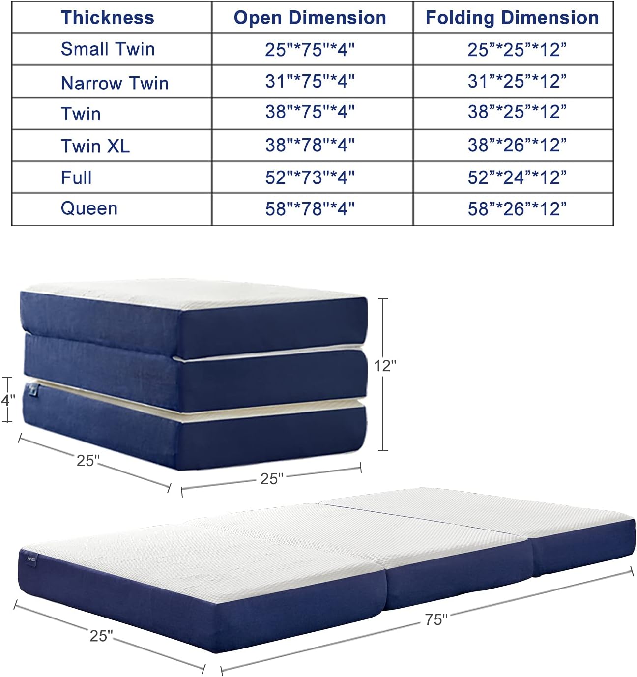 Tri-fold Memory Foam Mattress Topper with Washable Cover, Small Twin Size V677