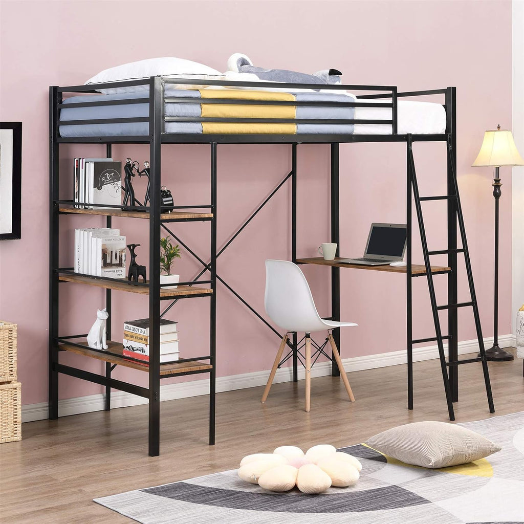 Black Twin Loft Bed with Desk and Bookcase T6281