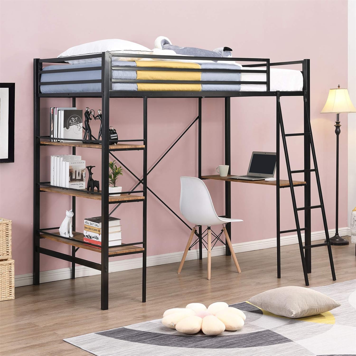Black Twin Loft Bed with Desk and Bookcase T6281