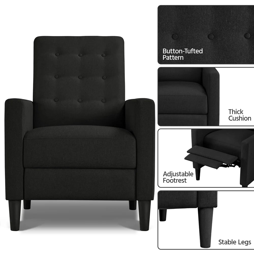 Black Fabric Tufted Recliner Chair with Adjustable Back & Footrest B9029