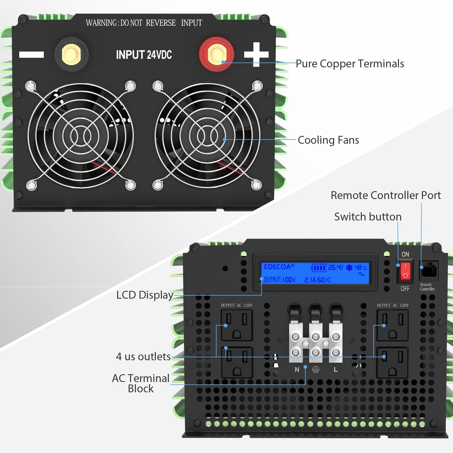 24V Pure Sine Wave Power Inverter 3500W DC to AC 110V 120V 4 AC Outlets with LCD Display and Remote Controller F421