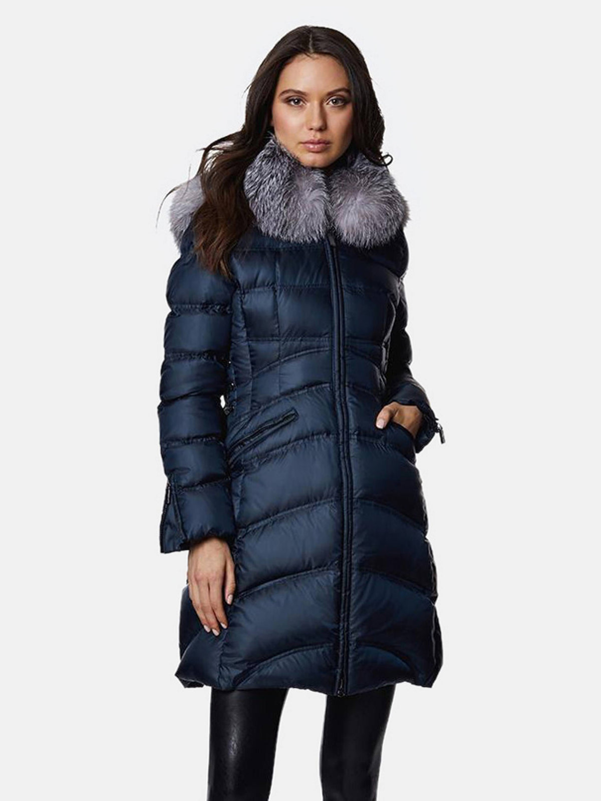 Blue Fitted Puffer Coat with Fox Fur Collar T621