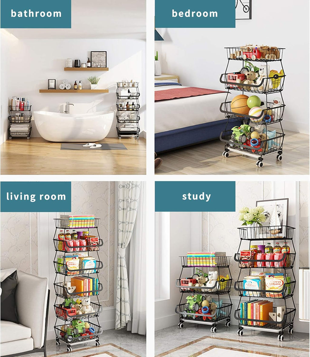 Black Iron Wire Stackable 5-Tier Kitchen Storage Baskets with Wheels and Feet Y803004