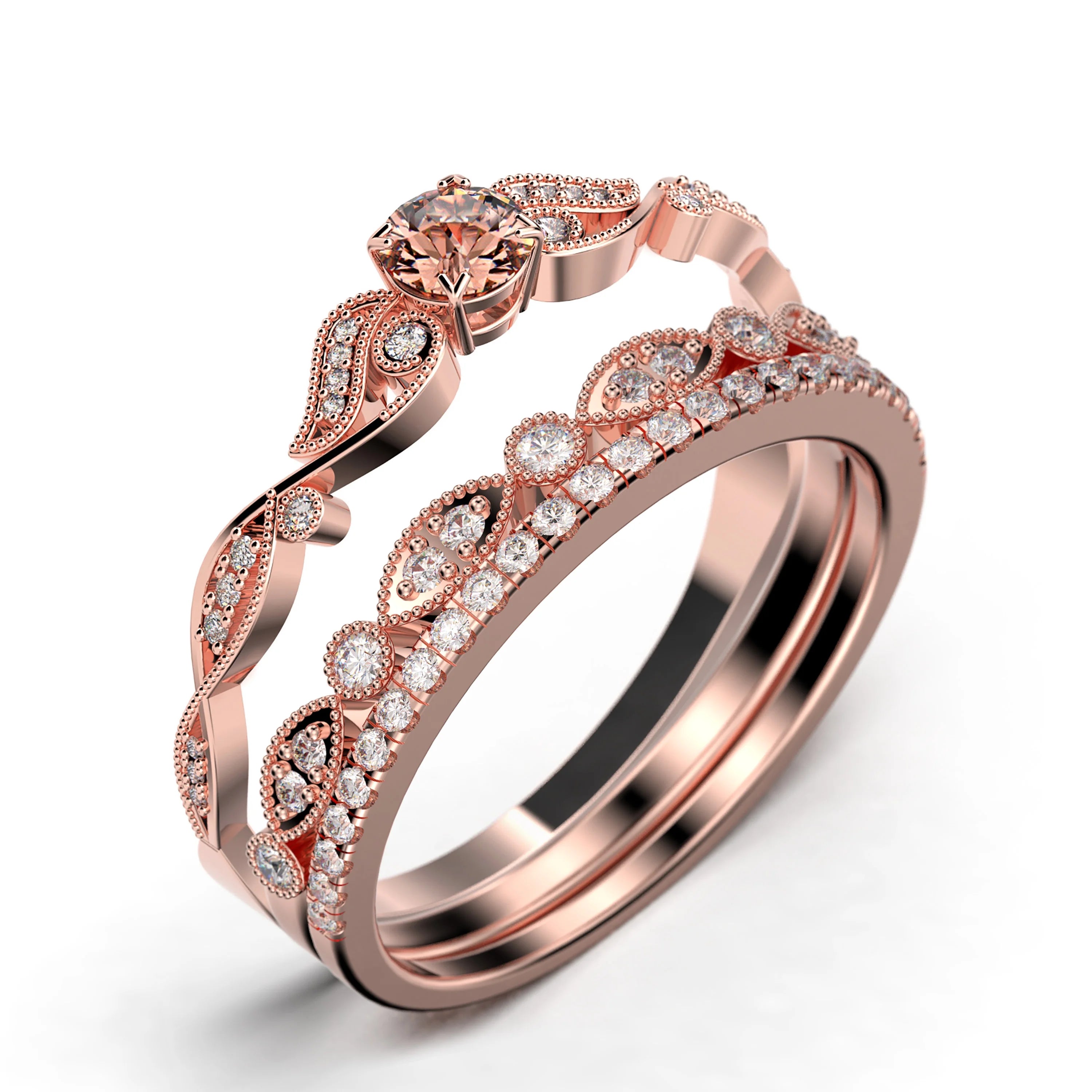 1.75 Carat Round Cut Morganite And Diamond Moissanite Engagement Ring in 10k Solid Rose Gold J511