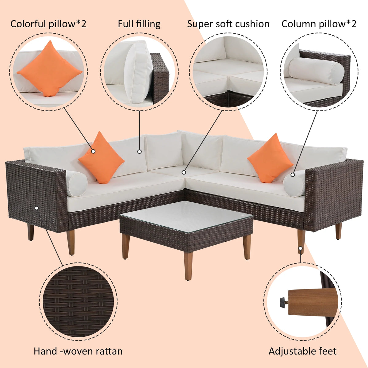 Beige Cushions Brown Rattan L-Shape Outdoor Wicker Sofa Set B361