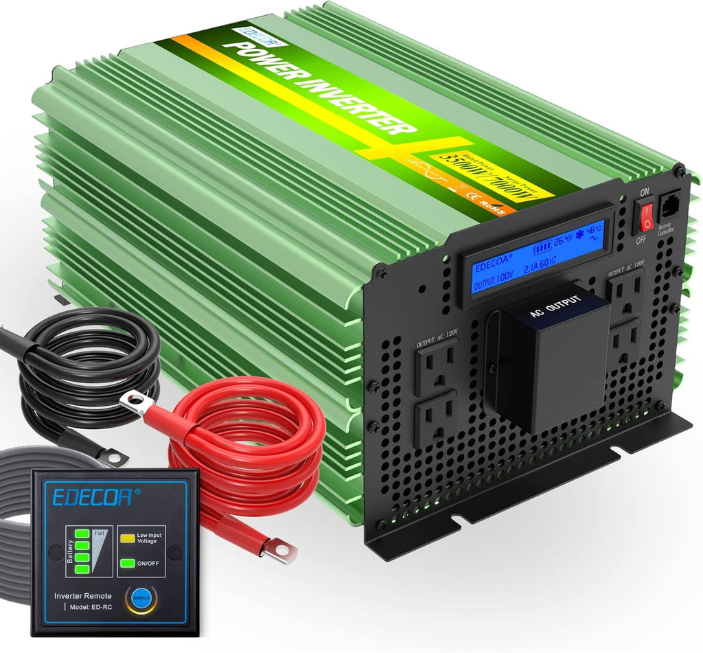 24V Pure Sine Wave Power Inverter 3500W DC to AC 110V 120V 4 AC Outlets with LCD Display and Remote Controller F421