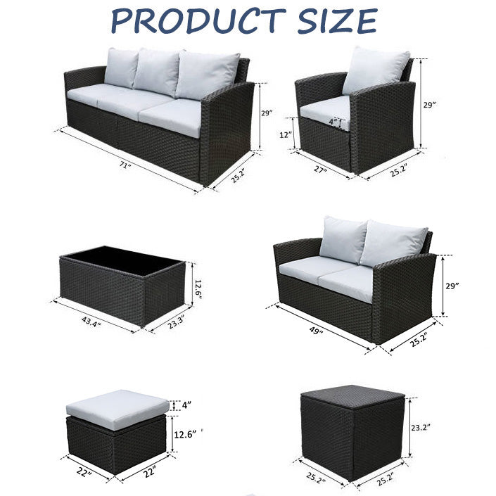 Grey 9 Pcs Outdoor Patio Furniture Set Wicker Sectional Sofa with Storage Box, Coffee Table, Ottoman H58335