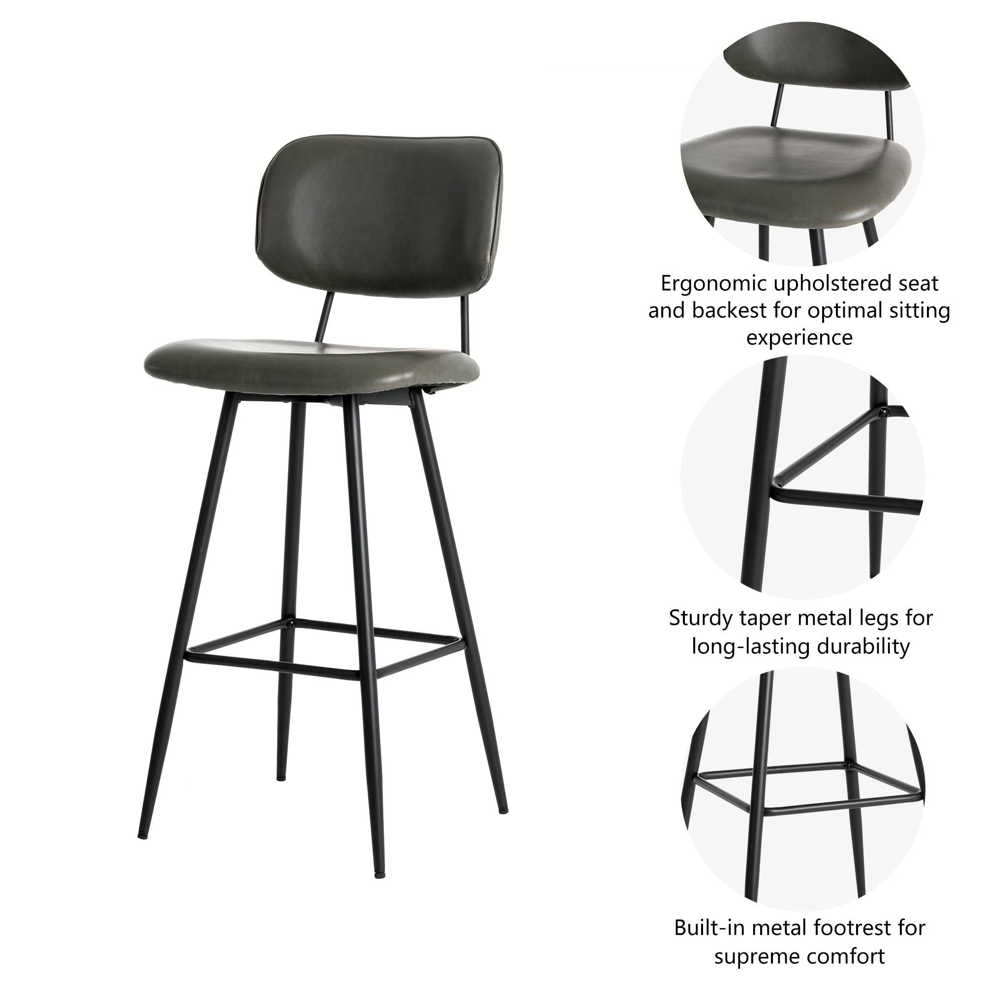 Grey PU Leather Bar Stool with Back, Set of 2 E48462