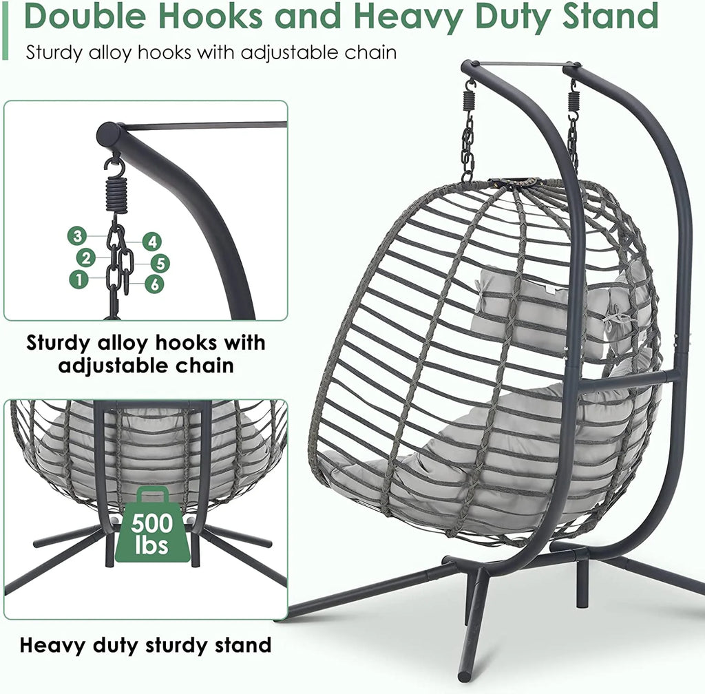 Light Grey 2 Person Hanging Wicker Egg Chair with Stand K72402