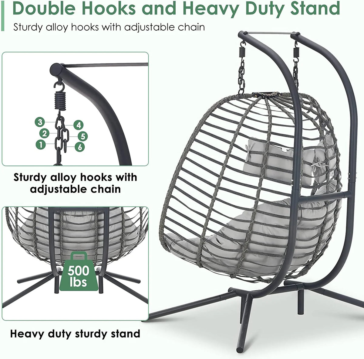 Light Grey 2 Person Hanging Wicker Egg Chair with Stand K72402