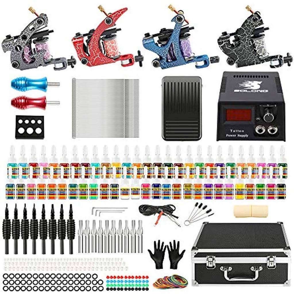 Tattoo Kit 4 Pro Machine Guns 54 Inks Power Supply Foot Pedal Needles Grips Tips Carry Case K718378