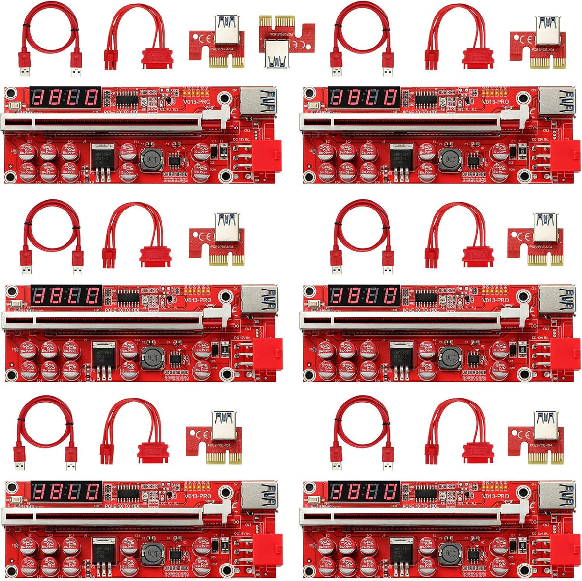 Black PCI-E 1X to 16X Riser Card with 24in USB 3.0 Extension Cable & 6PIN SATA Power Cable (6 Pieces) P585