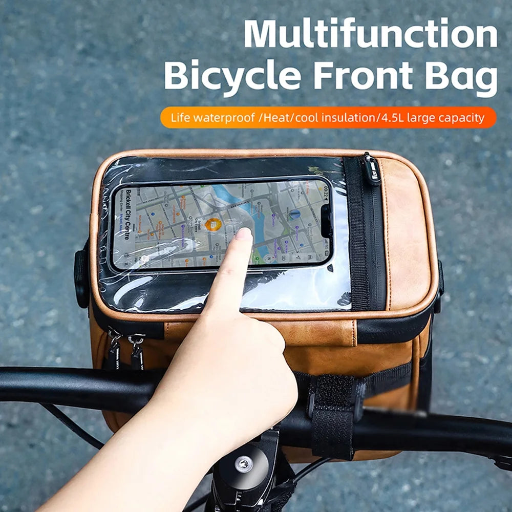 Waterproof Touchscreen Bike Front Handlebar Bag with Thermal Insulation PU Leather H568343