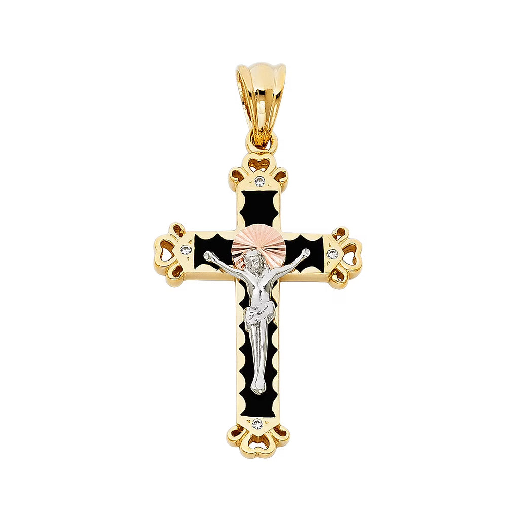 14K Tri Color Gold Cubic Zirconia Religious Crucifix Charm Pendant, 37 x 25 MM, 6.4 grams F6347
