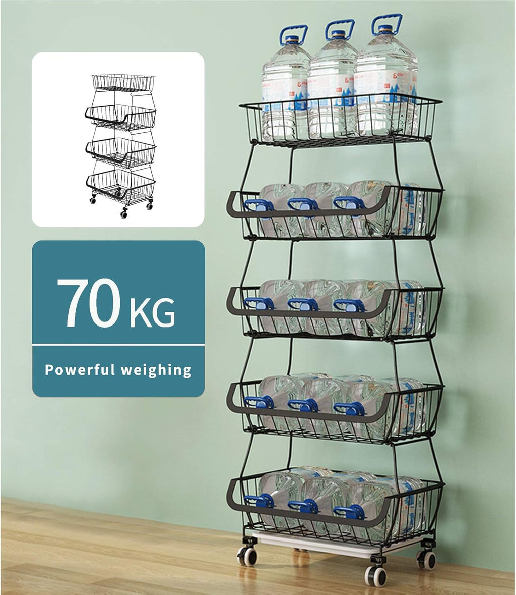 Black Iron Wire Stackable 5-Tier Kitchen Storage Baskets with Wheels and Feet Y803004