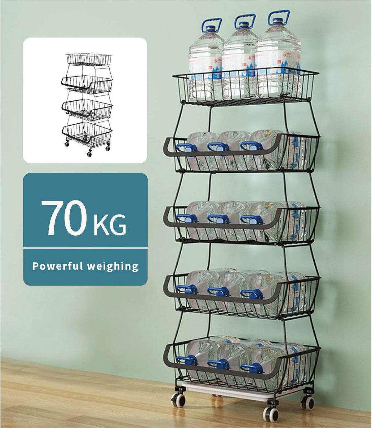 Black Iron Wire Stackable 5-Tier Kitchen Storage Baskets with Wheels and Feet Y803004