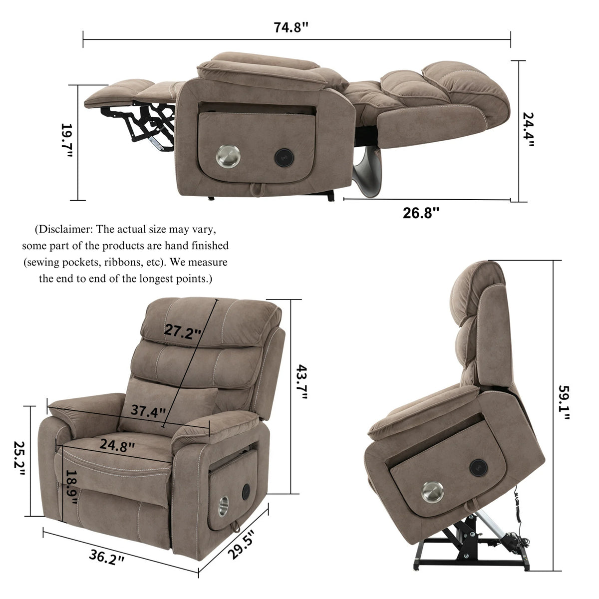 Lay Flat Recliner with Tabletop, Wireless Phone Charger, Cup Holder & Lumbar Pillow, Dual Motor Lift Chair, 400 lbs Capacity L77540