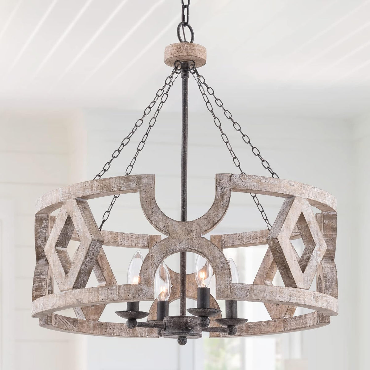 Distressed White 4-Light Drum Chandelier E38981