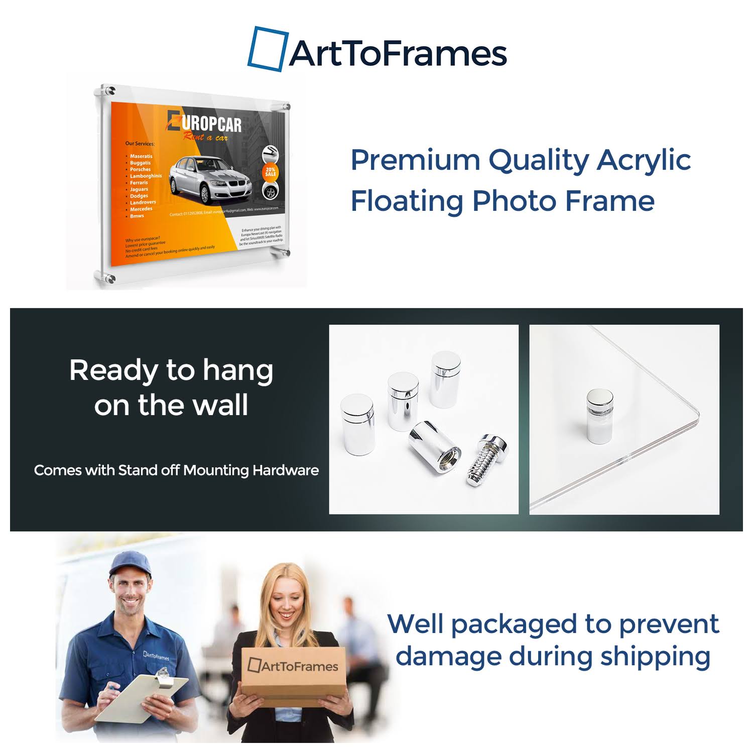 Acrylic Floating Frame for Pictures Up to 9x32 Inches with Polished Chrome Standoff H267