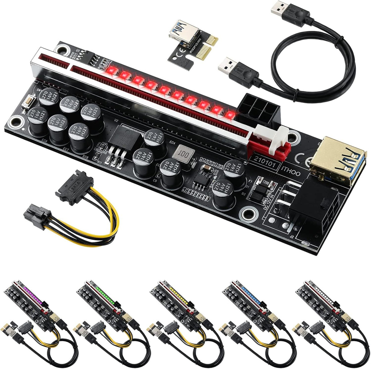 Black PCI-E 1X to 16X Riser Card with 24in USB 3.0 Extension Cable & 6PIN SATA Power Cable (6 Pieces) P585