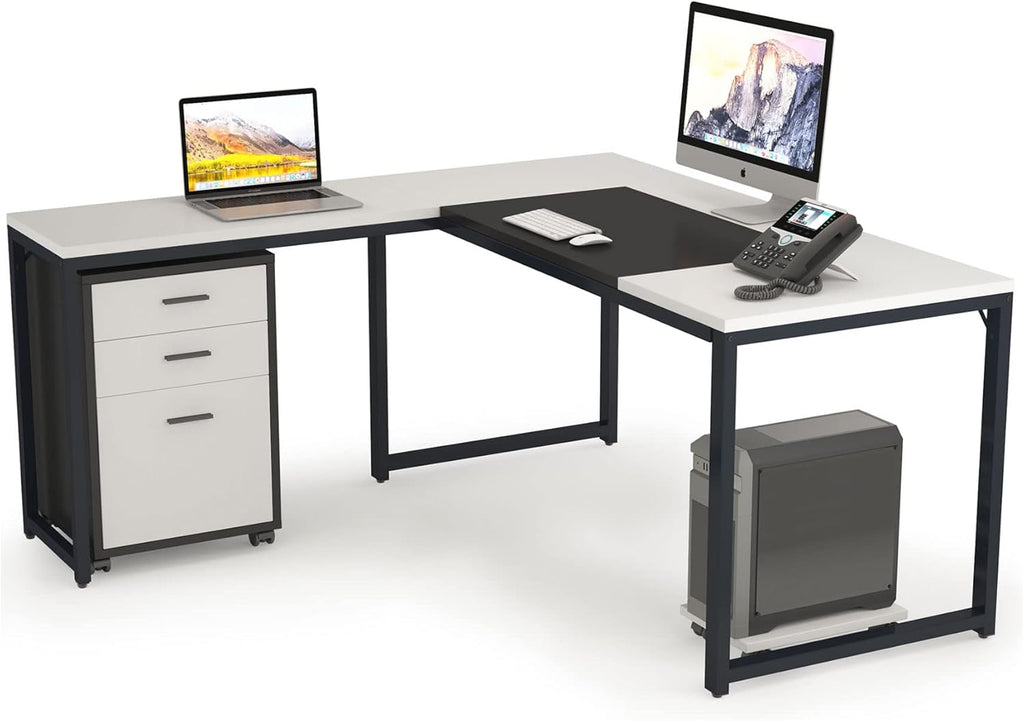 L-Shaped Computer Desk with File Cabinet, 3 Drawer Mobile Filing Cabinet W335
