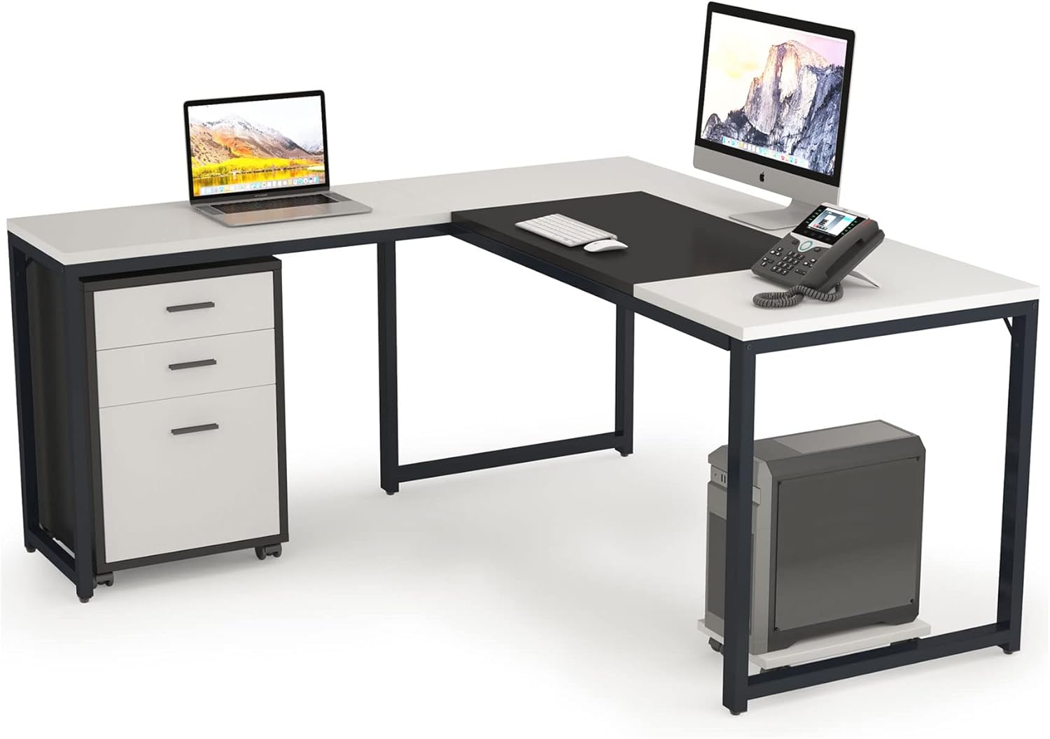 L-Shaped Computer Desk with File Cabinet, 3 Drawer Mobile Filing Cabinet W335