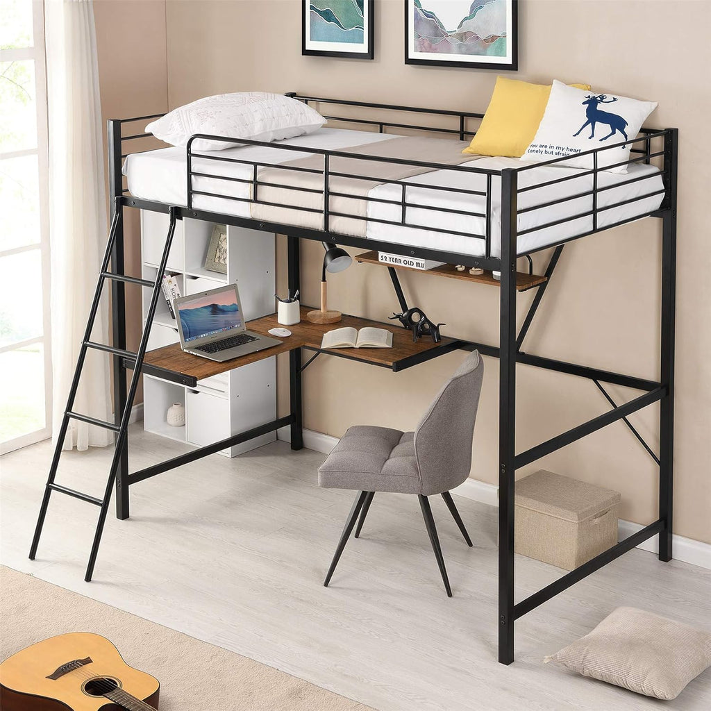 Black Twin Loft Bed with Desk and Bookcase T6281