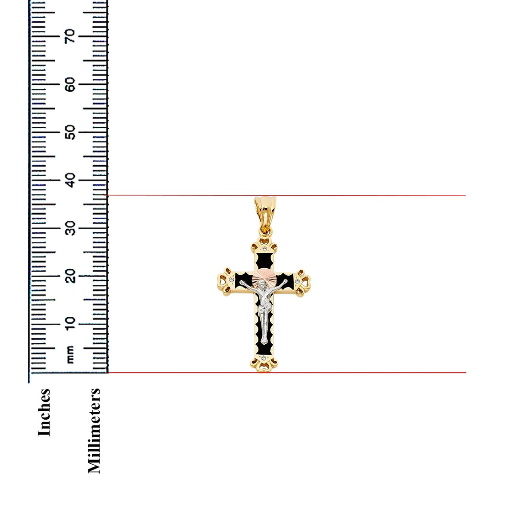 14K Tri Color Gold Cubic Zirconia Religious Crucifix Charm Pendant, 37 x 25 MM, 6.4 grams F6347