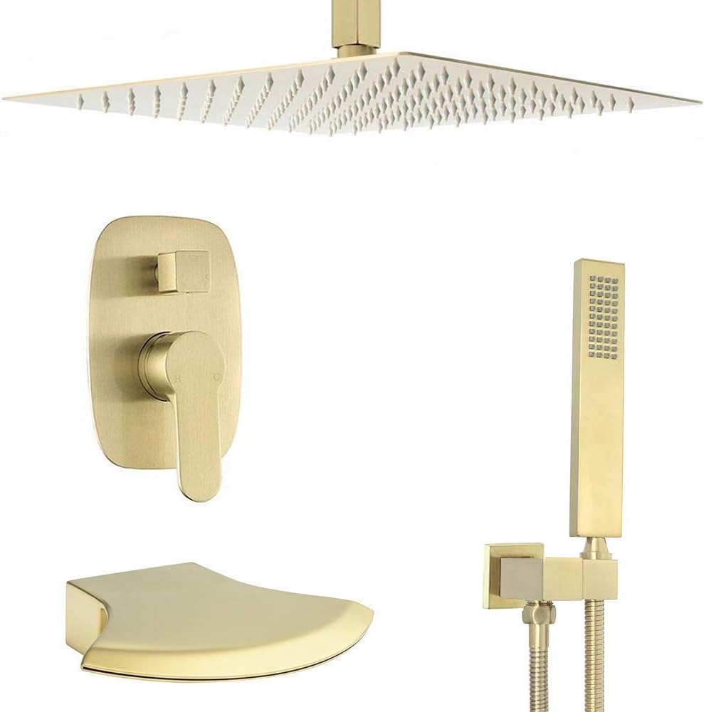 Brushed Nickel Waterfall Tub Spout Set With 12 Inch Rainfall Shower Head U37305