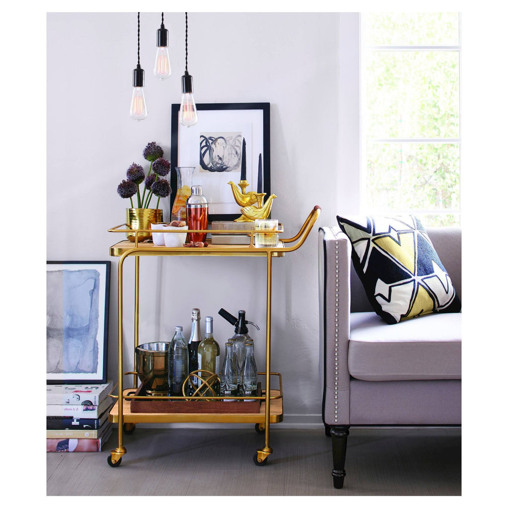 Gold Metal Wood Leather Bar Cart L21393