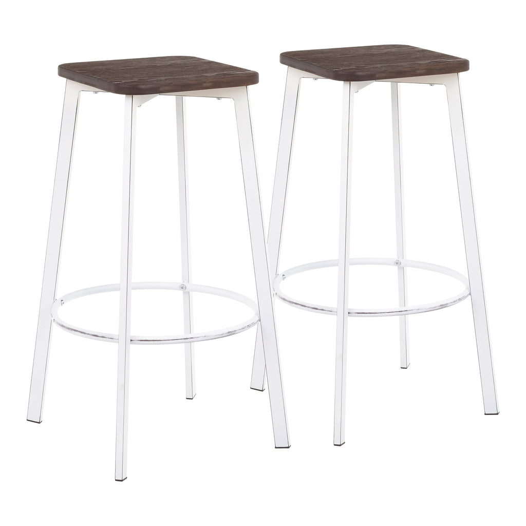 Vintage White Metal and Espresso Bamboo Square Barstool Set of 2 J931