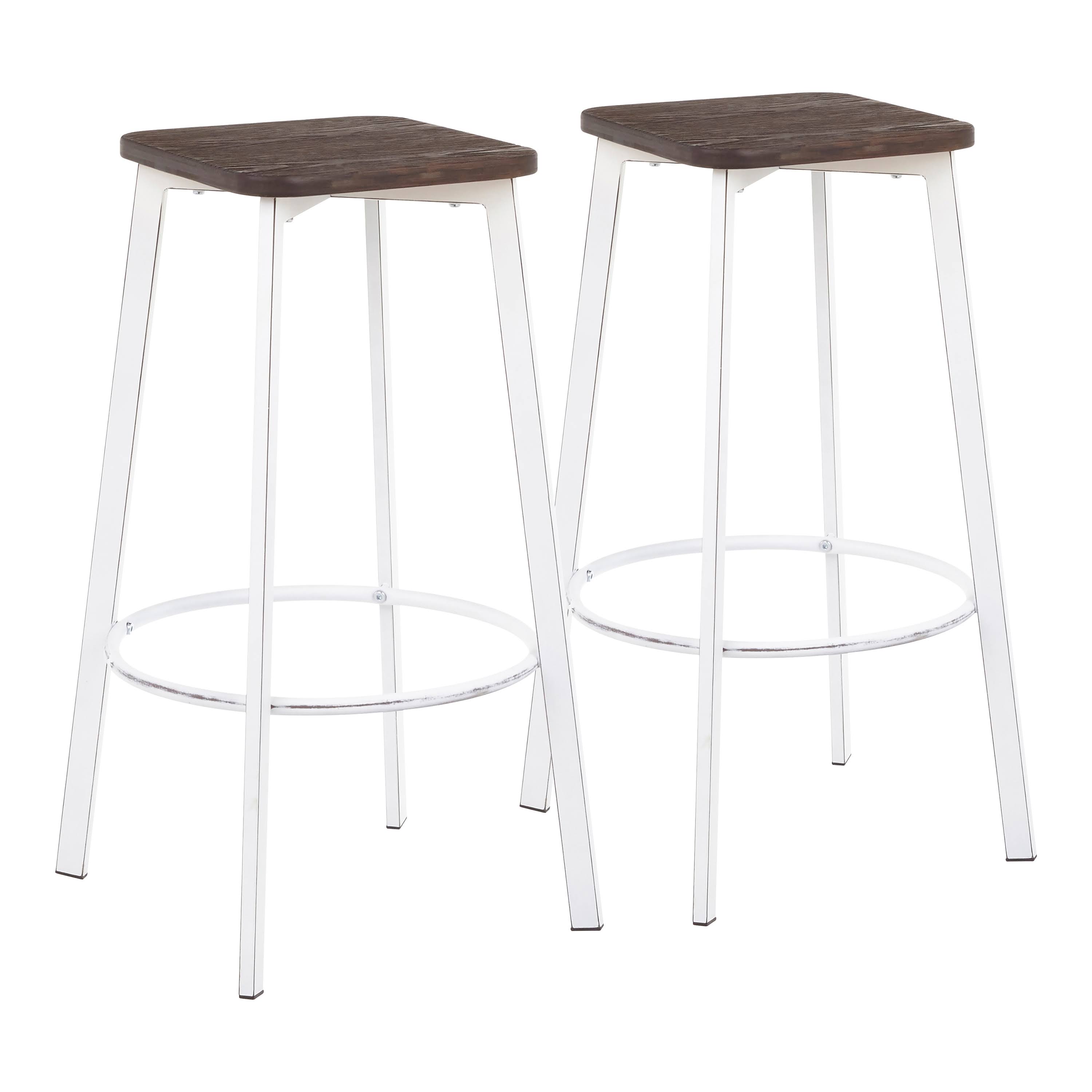 Vintage White Metal and Espresso Bamboo Square Barstool Set of 2 J931
