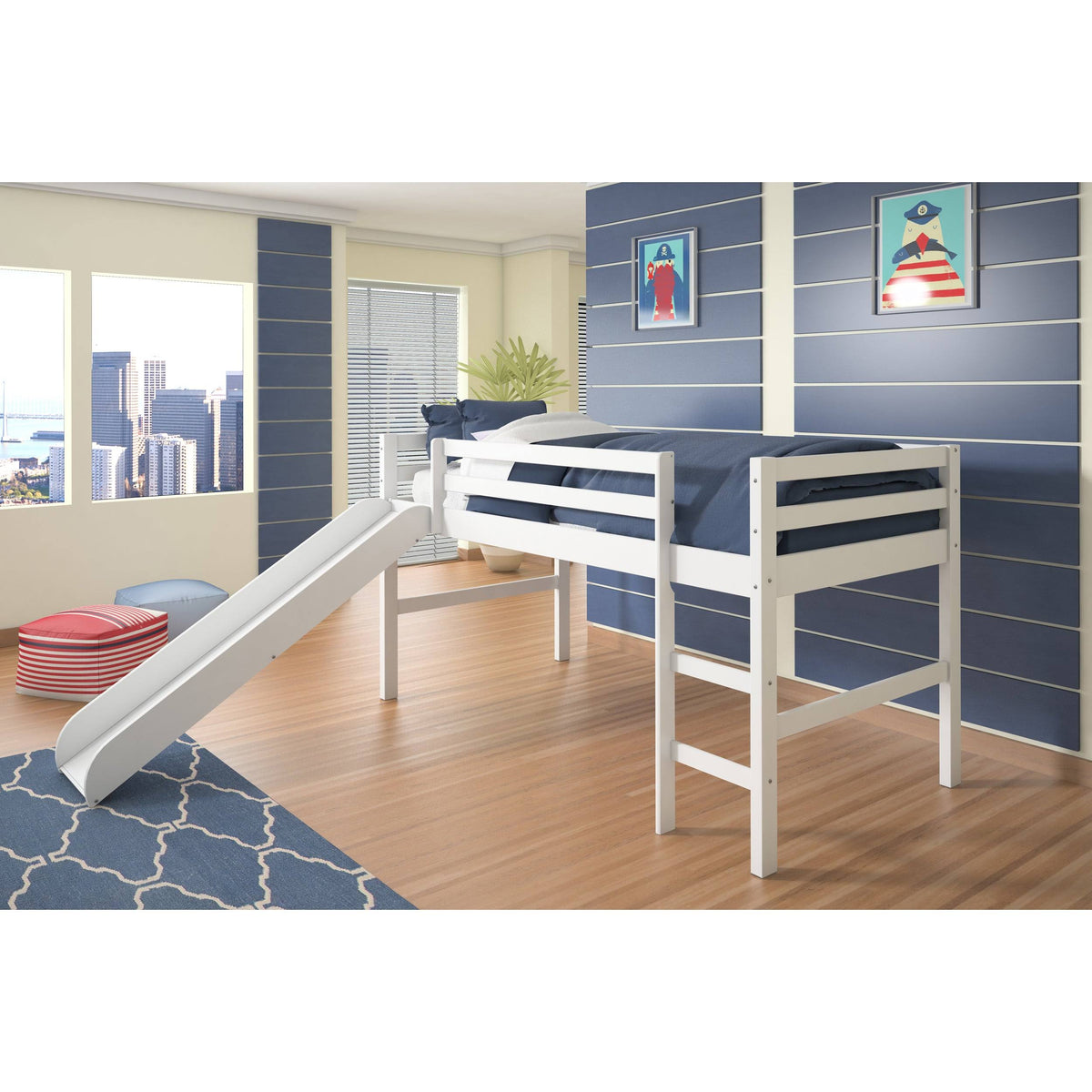 White Twin Loft Bed with Slide L615895
