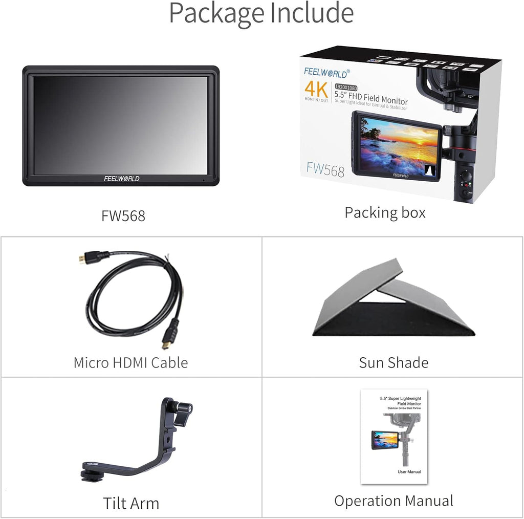 5.5 Inch 4k HDMI Camera Field Monitor with Sunshade and Tilt Arm Mount Z643