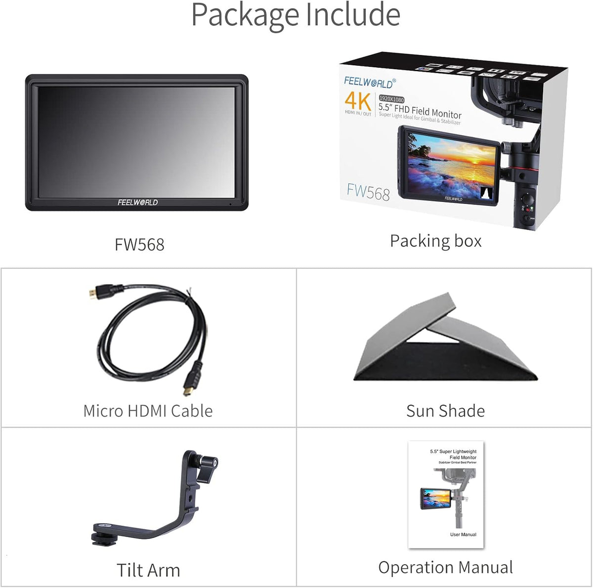 5.5 Inch 4k HDMI Camera Field Monitor with Sunshade and Tilt Arm Mount Z643