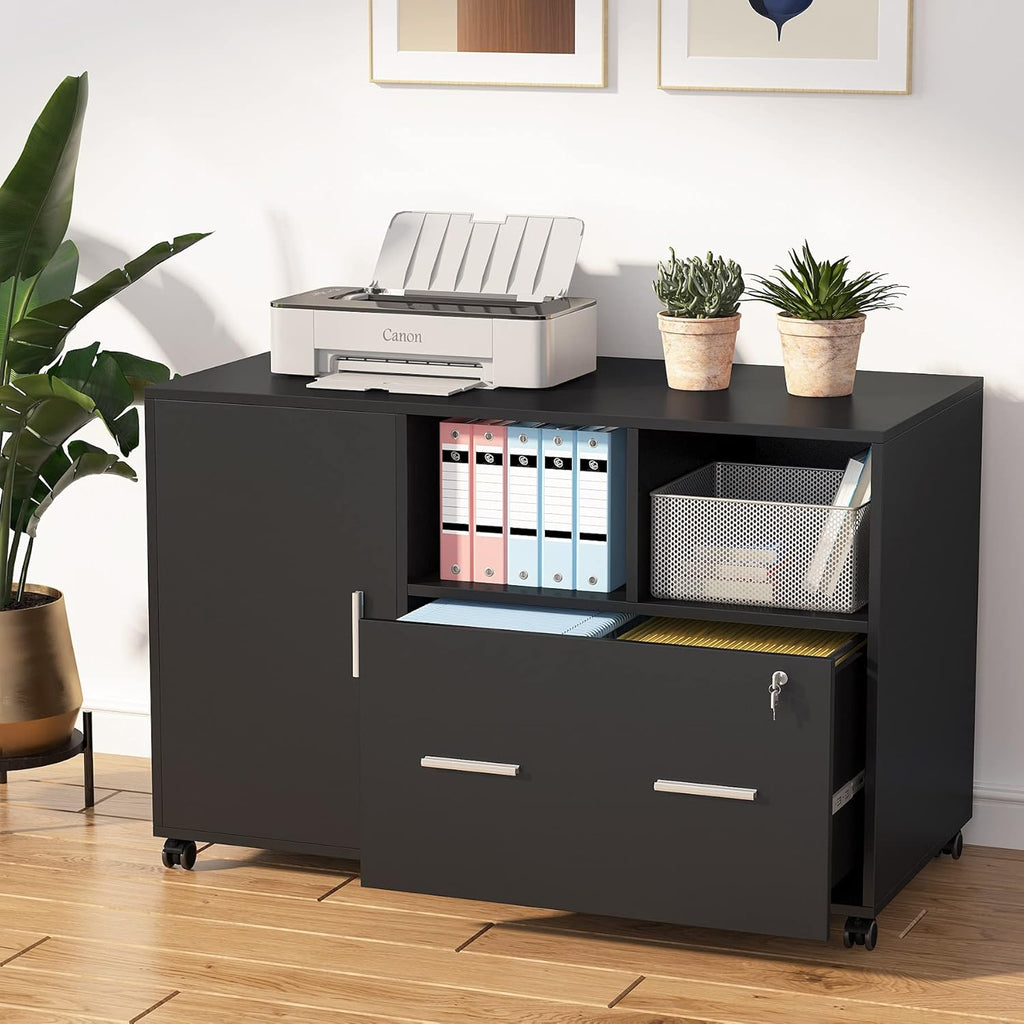 Black & White Mobile Filing Cabinet with Lock and Drawer and Storage Shelves O2716