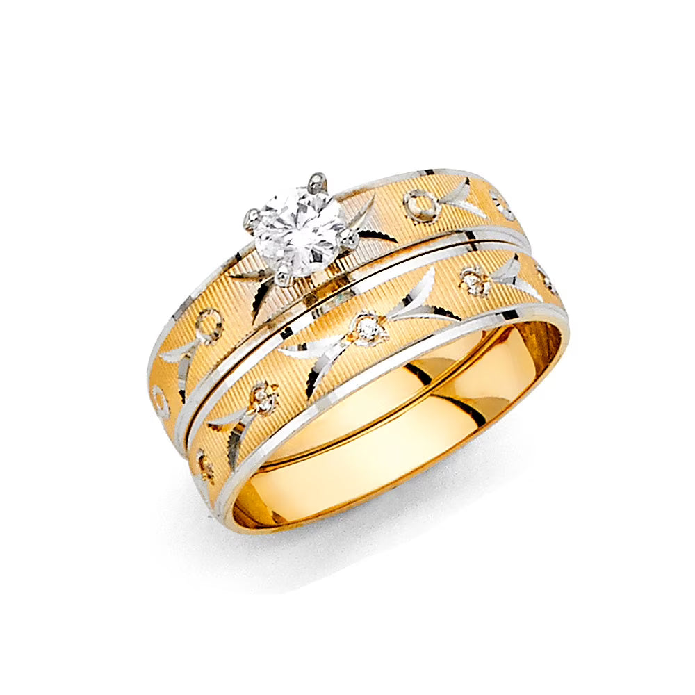 14k Two Tone White and Yellow Gold CZ Engagement Ring and Wedding Band Bridal Set N2674