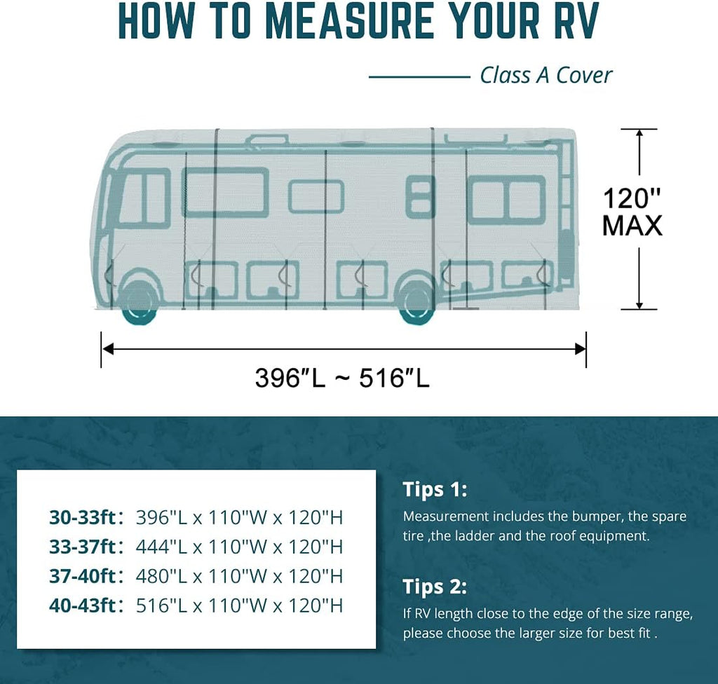 RV Cover, Extra-Thick 5 Layers Anti-UV Top Panel, Fits 40'-43' Motorhome, Water-Proof, with 2Pcs Extra Straps & 4 Tire Covers F827